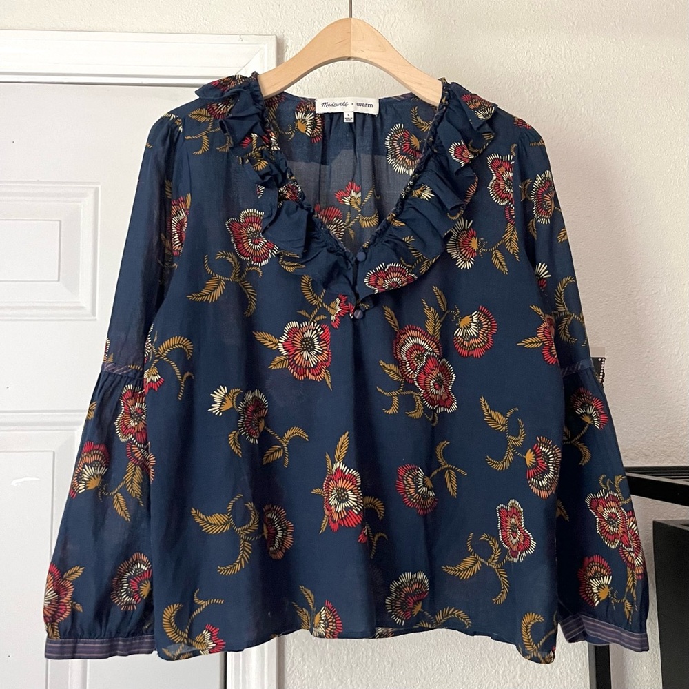 MADEWELL x WARM navy blue floral cotton puff long sleeve ruffle collar blouse